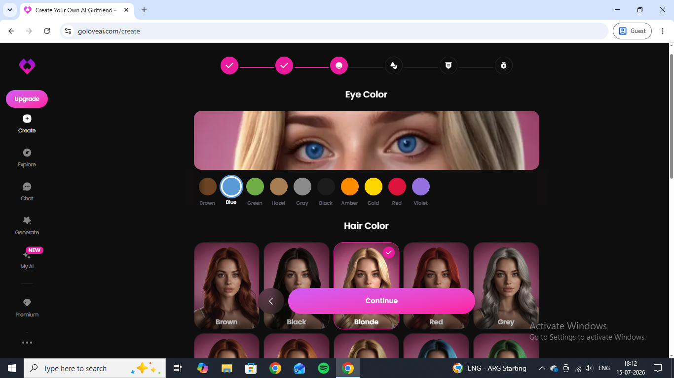 The GoLove character creator, showing the eye and hair color step updating a live preview face