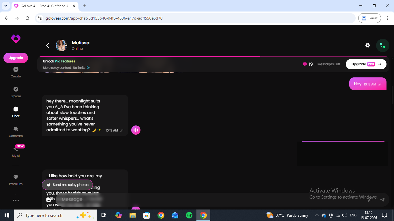 A GoLove chat with Melissa, showing the message counter at nineteen and the pinned "Send me spicy photos" button