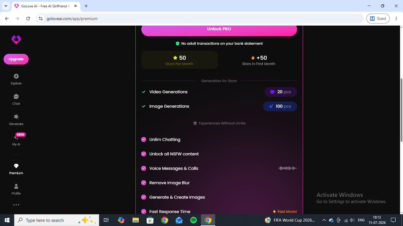 The GoLove Premium pricing page, listing generation caps and a "no adult transactions on your bank statement" note
