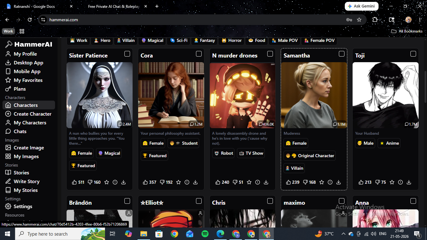 HammerAI character library — a scrollable grid of community-built characters including Sister Patience, Cora, Samantha, and Toji, with genre filters down the side on a dark interface.