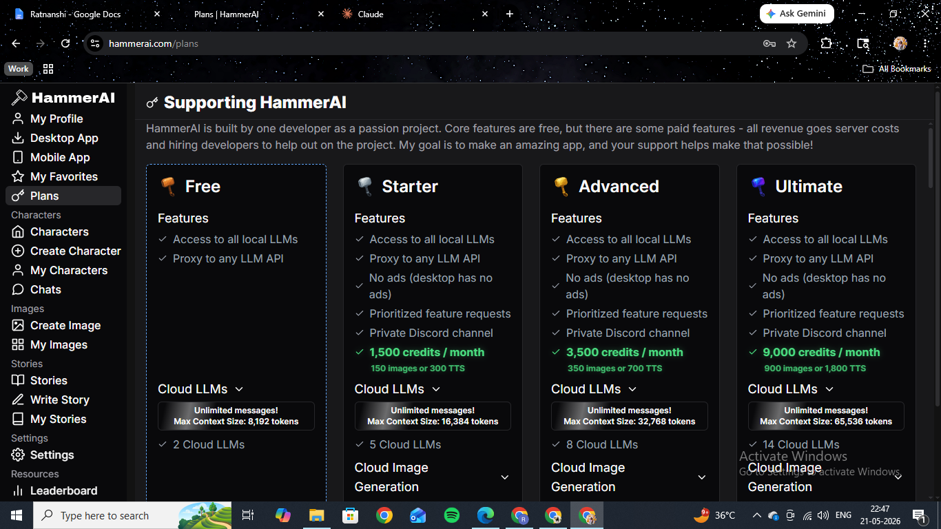 HammerAI pricing page showing the Free, Starter, Advanced, and Ultimate plans side by side, with monthly credits, context size, and cloud LLM counts for each tier.