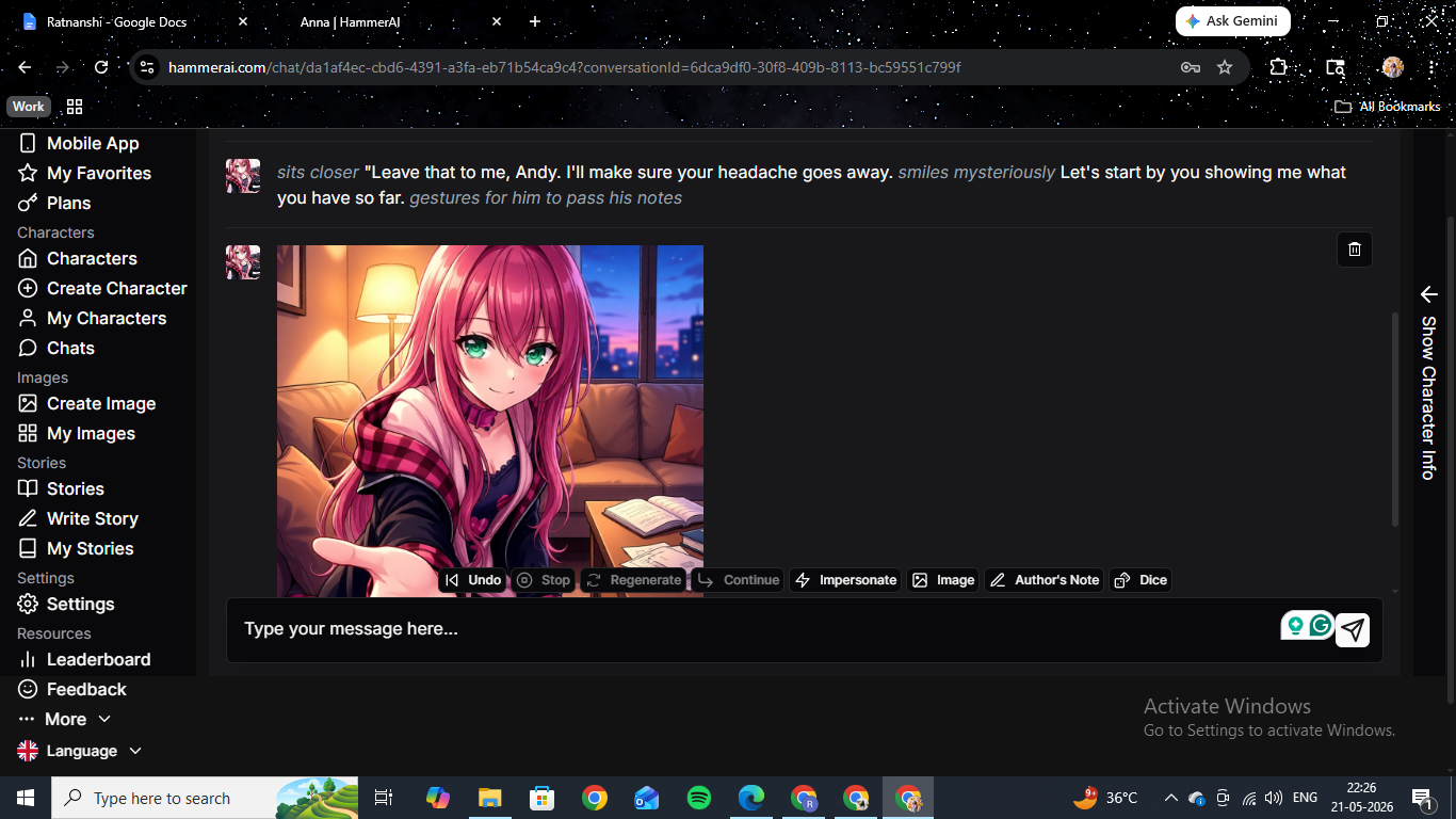 Anna chat session on HammerAI — a pink-haired anime tutor character mid-conversation, with the message toolbar showing the Image, Dice, and other tools beneath the input box.