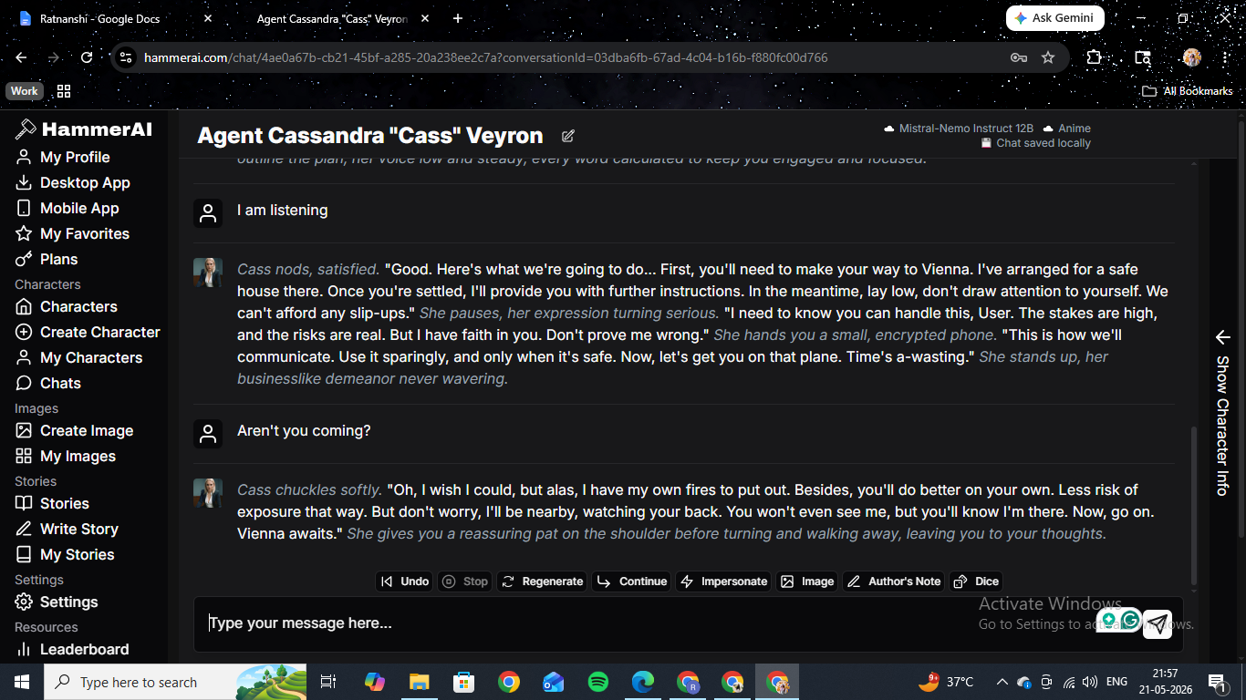 Agent Cassandra Veyron chat session on HammerAI — a spy-thriller character delivering a long, densely formatted response with dialogue, action, and scene description layered together.