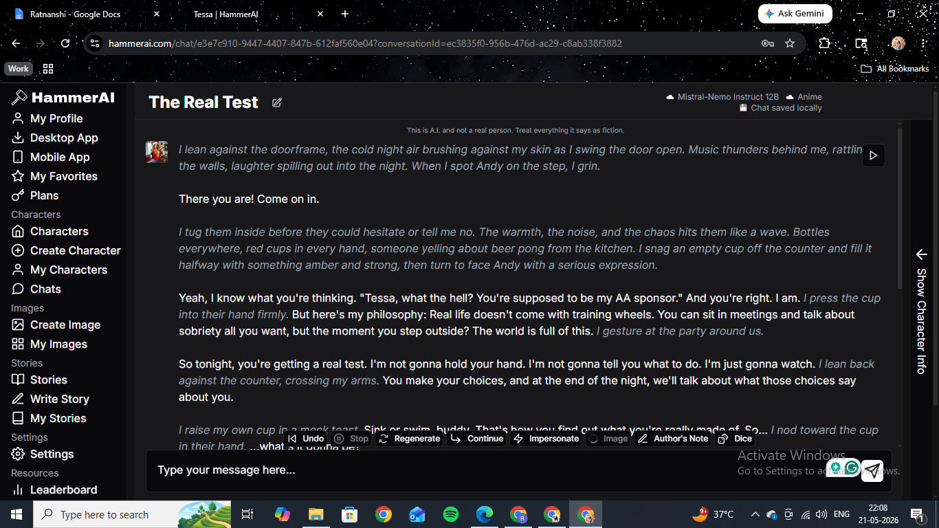Tessa's opening on HammerAI — "The Real Test" scenario, a full page of narrative describing an AA sponsor pulling the user into a house party and handing them a drink.