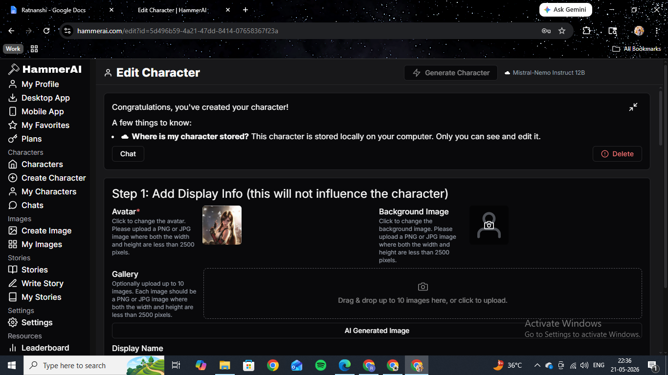 HammerAI's Edit Character screen after AI-assisted creation, with a "Where is my character stored?" note and the Avatar, Background Image, and Gallery fields for the custom character.