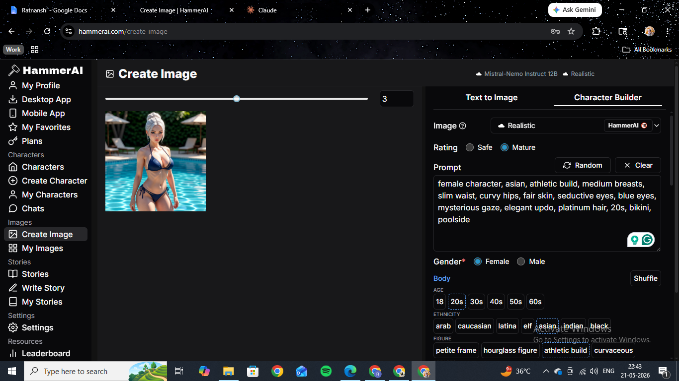 HammerAI's Create Image page with Text to Image and Character Builder modes, a Realistic style toggle, a tag-based prompt selector, and a generated image in the preview pane.