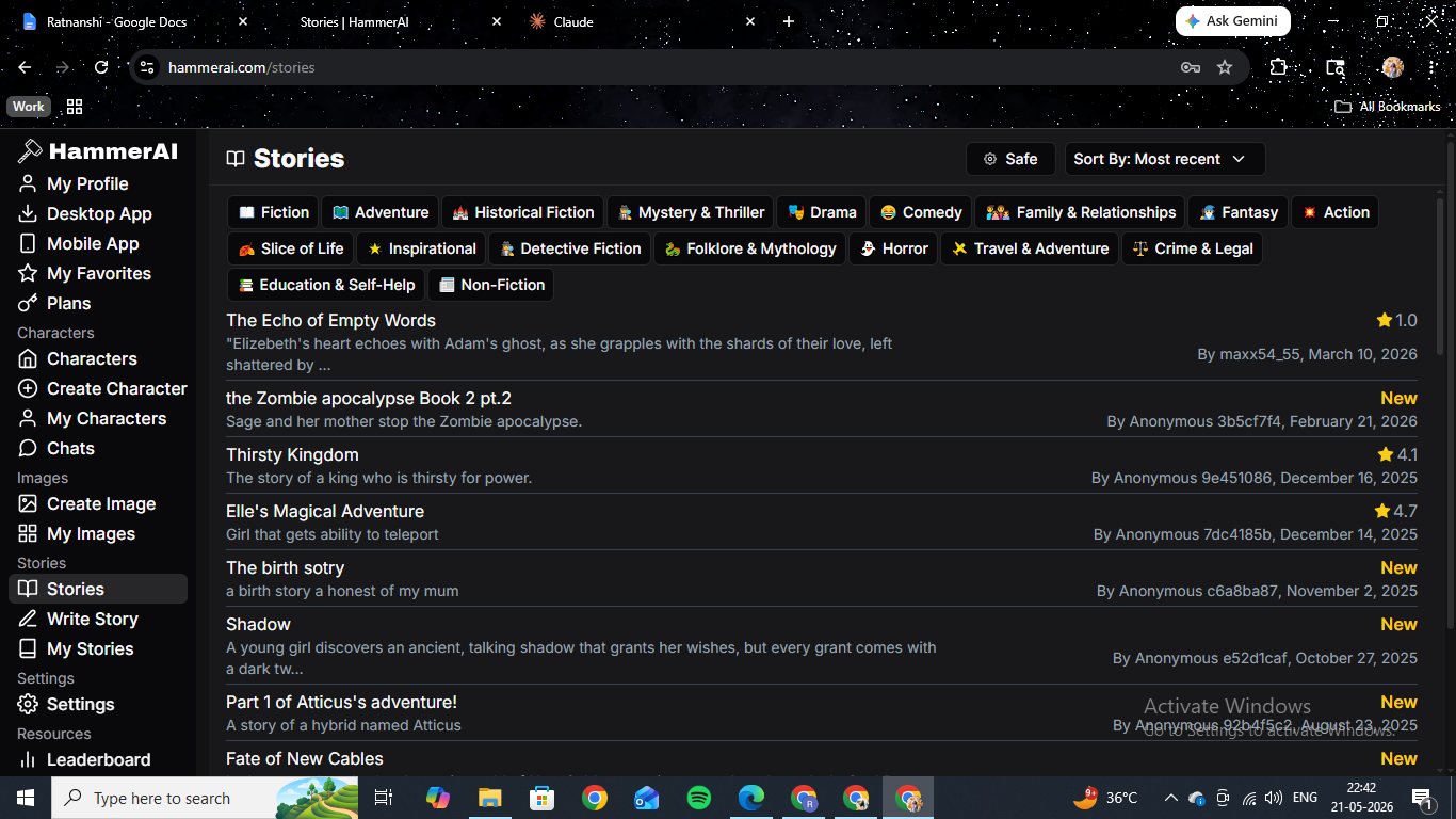 HammerAI's Stories page — a community library of long-form collaborative fiction with genre tabs across the top and a ranked list of reader-submitted stories with ratings and comment counts.