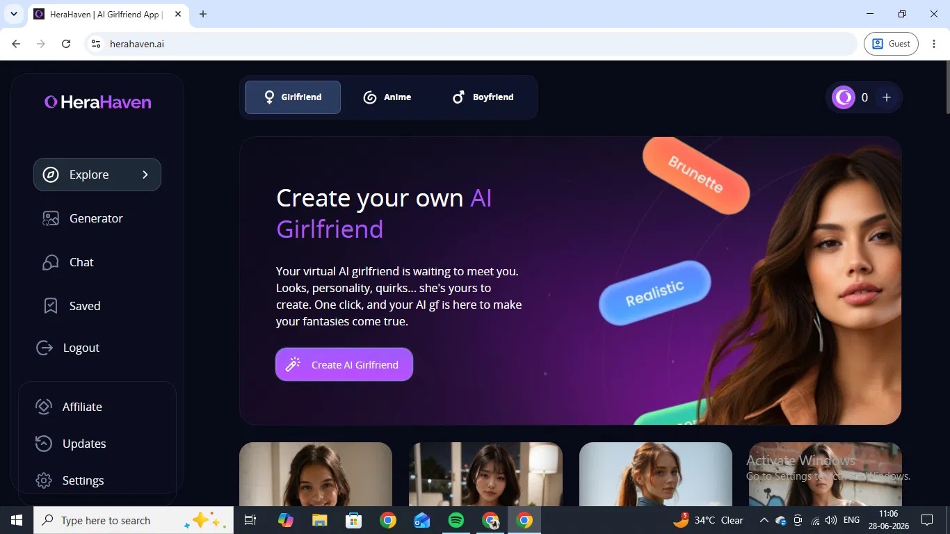 HeraHaven's explore page, with Girlfriend, Anime, and Boyfriend tabs and a Create Your Own AI Girlfriend hero