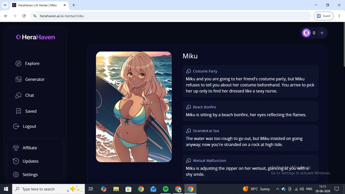 A HeraHaven anime character profile for Miku, with a Costume Party scenario