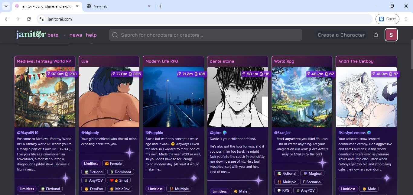 Janitor AI's Discover page, with Smut, Dominant, and Submissive tags on nearly every card