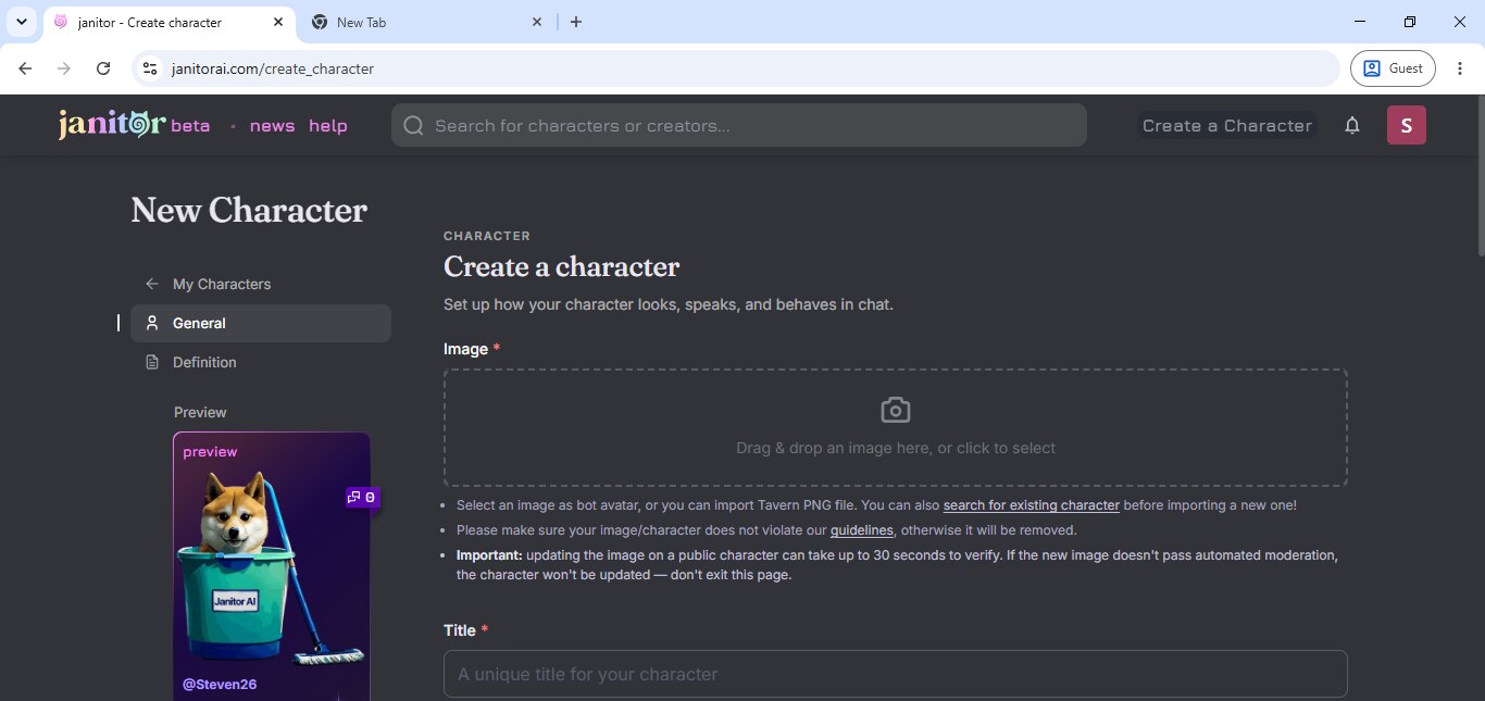 Janitor AI's Create a Character page, with token counting and tag selection