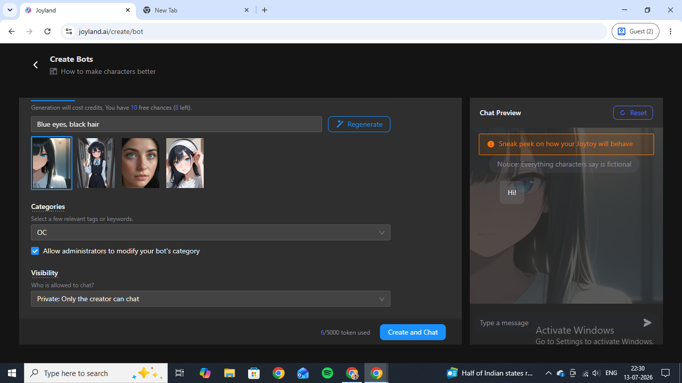 Joyland AI's bot creator, a short single-screen form with a name, age dropdown, one-line intro, and avatar generator
