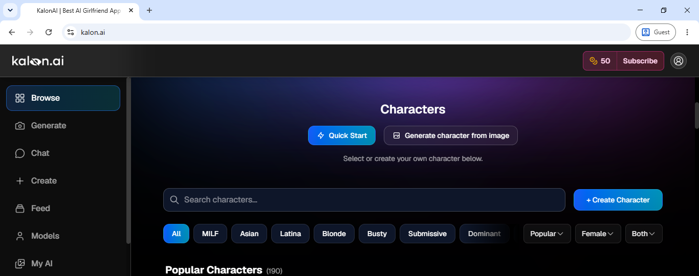 Kalon AI's browse page, with a character search bar and filter tags for body type and personality