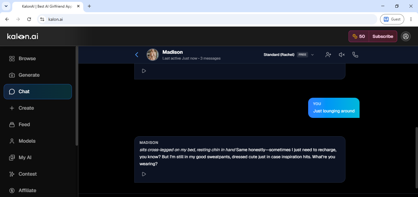 A Kalon AI chat with Madison, who replies in character while lounging on her bed