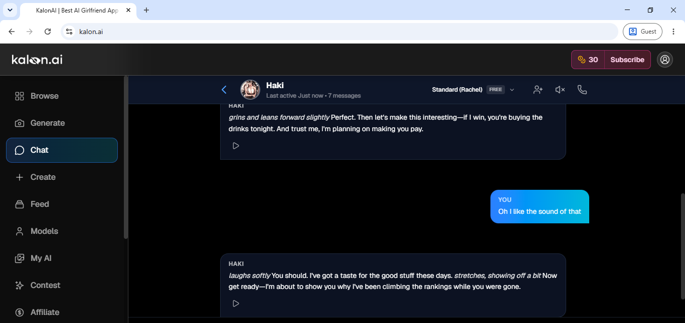 A Kalon AI chat with Haki, an anime character trading competitive gaming banter