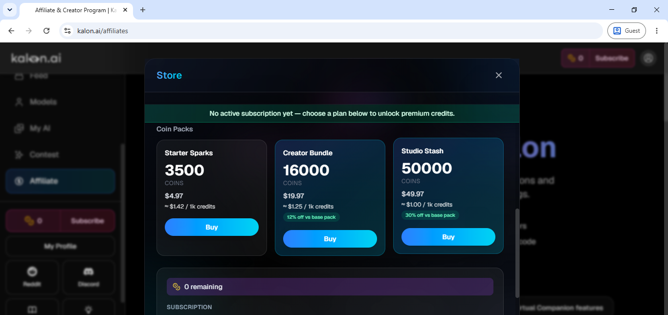 Kalon AI's coin store showing Starter Sparks, Creator Bundle, and Studio Stash packs