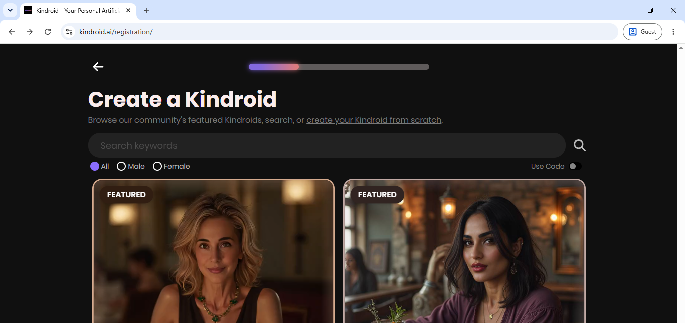 Browsing community-featured Kindroids on the "Create a Kindroid" character-selection screen