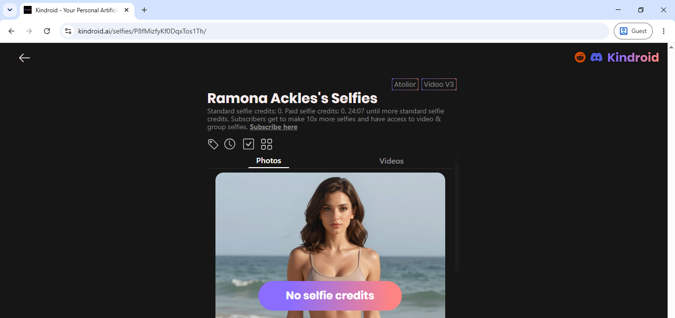 Ramona's selfie gallery hitting "No selfie credits" after a single free image