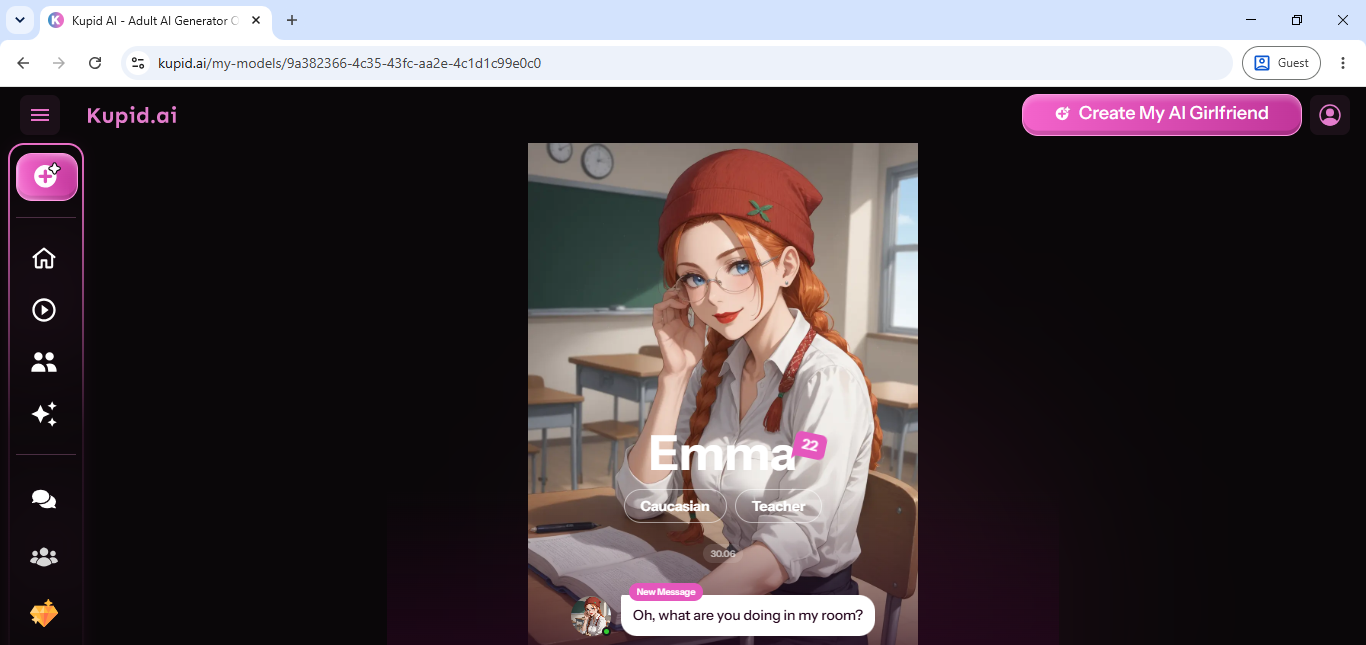 Emma, a custom-built redheaded anime teacher character on Kupid AI, with a "Start Chat" prompt