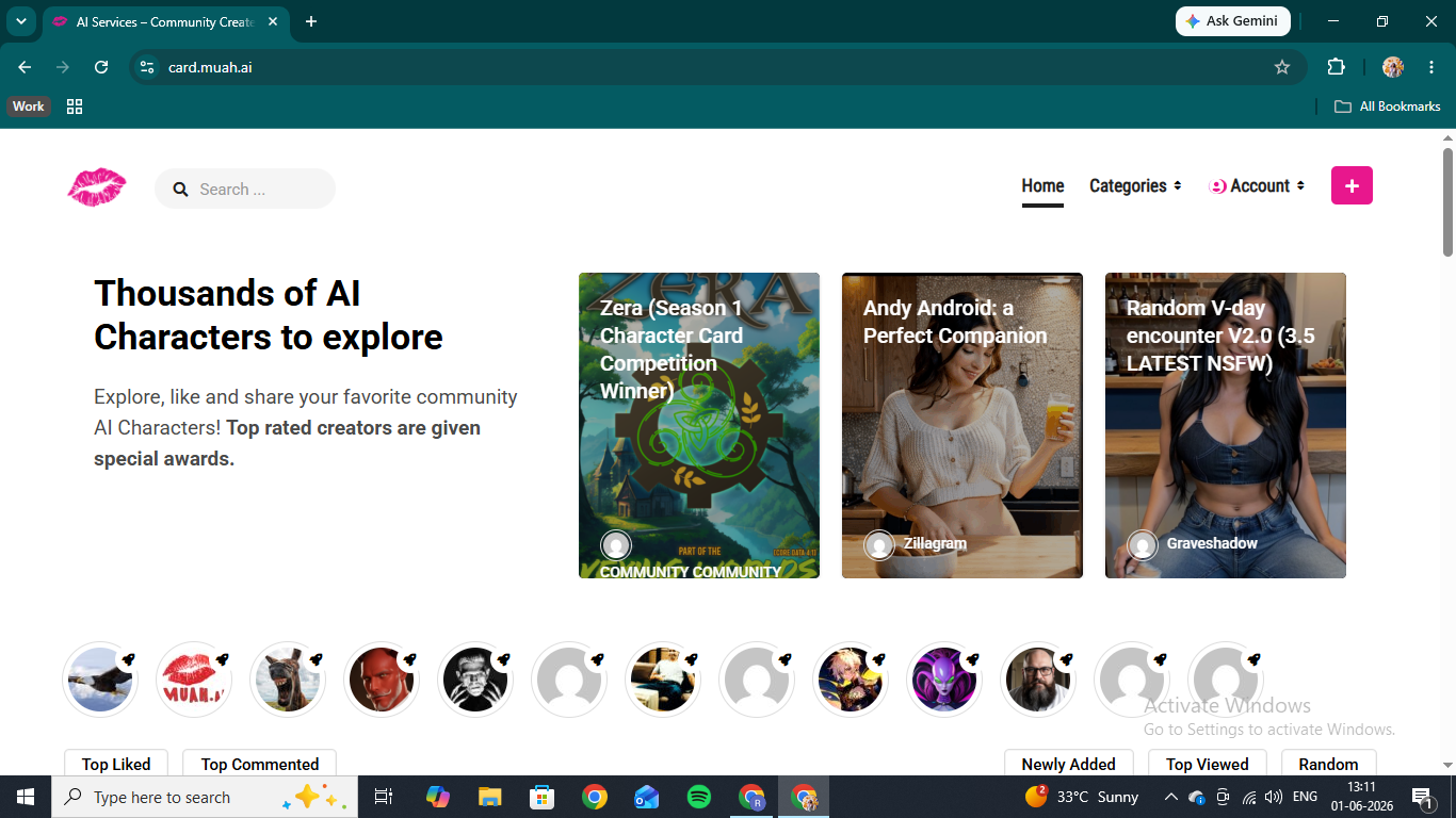 Muah AI homepage showing the community character library