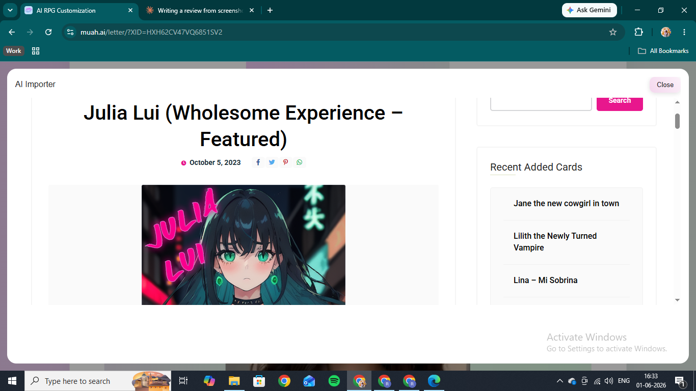 Importing the Julia Lui character card mid-session