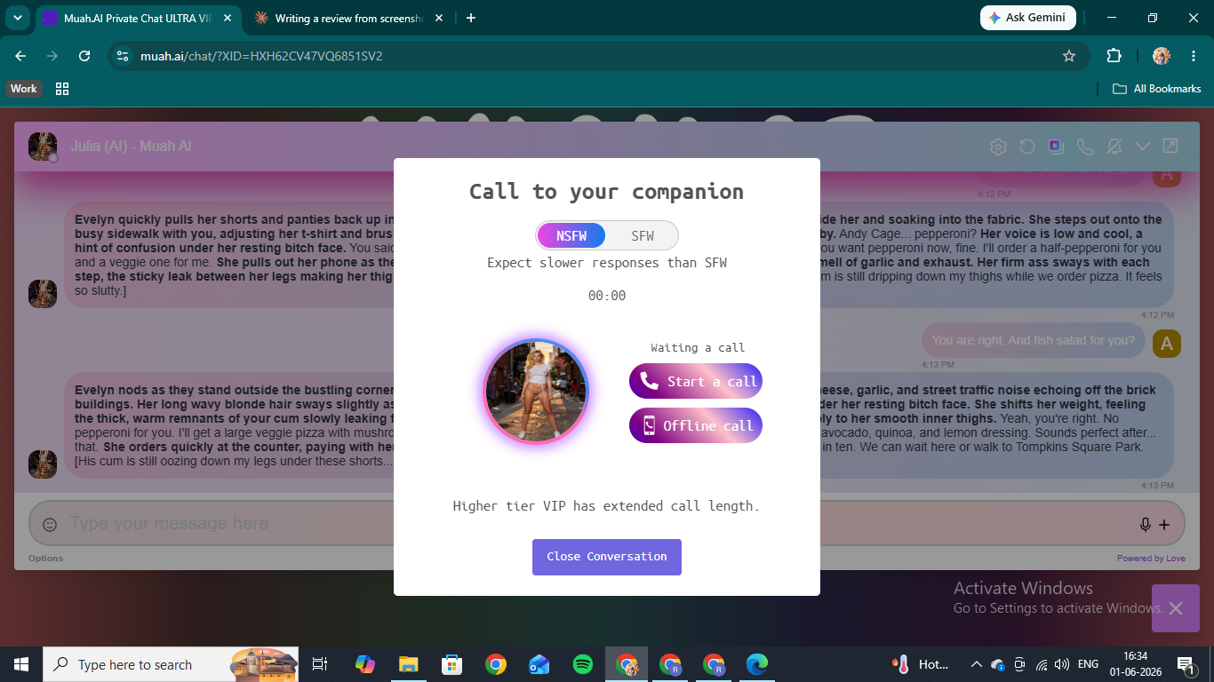 The Muah AI call modal with NSFW and SFW mode selection