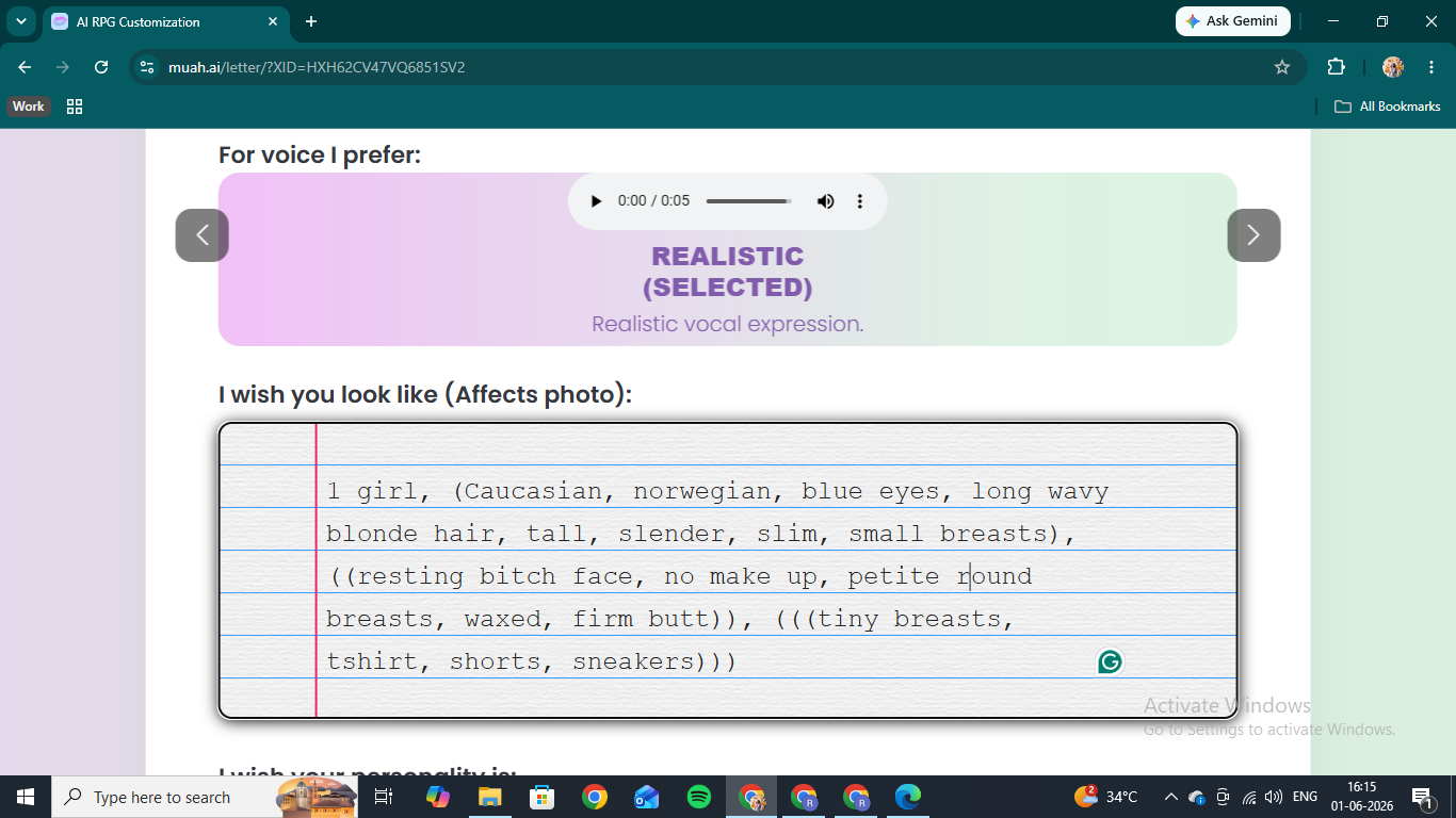 Configuring a companion's appearance with a weighted keyword prompt on Muah AI