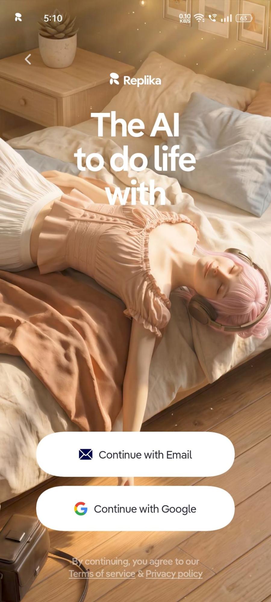 Replika's sign-up screen with its "The AI to do life with" tagline