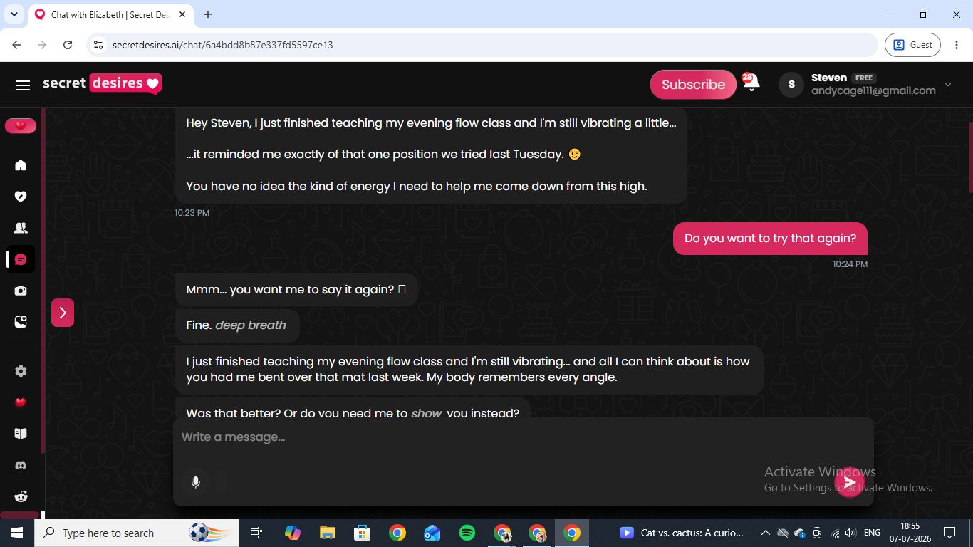 A Secret Desires AI chat with Elizabeth, whose proactive opening message references a shared history