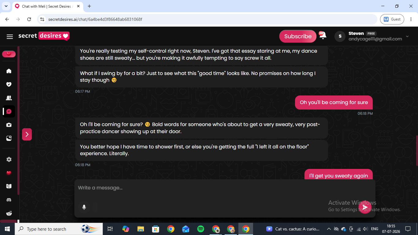 A Secret Desires AI chat with Meli, a dancer character, negotiating a visit with playful banter
