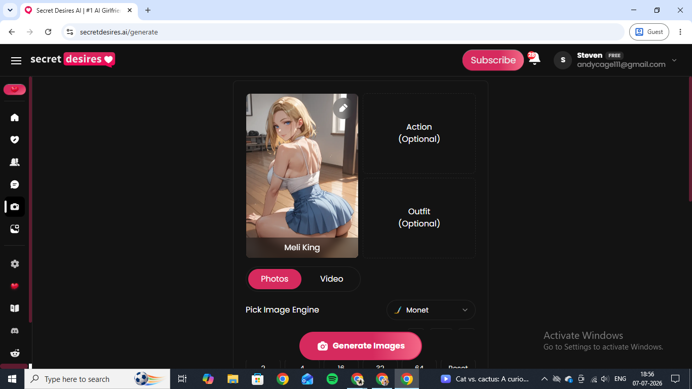The Secret Desires AI image generation screen with the Meli King character and the Monet engine selected
