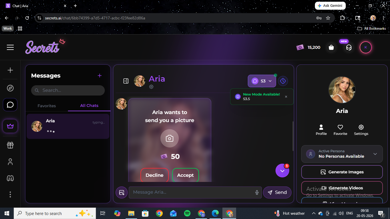 Secrets AI in-chat image prompt — "Aria wants to send you a picture" with Accept and Decline buttons priced at 50 Moments.