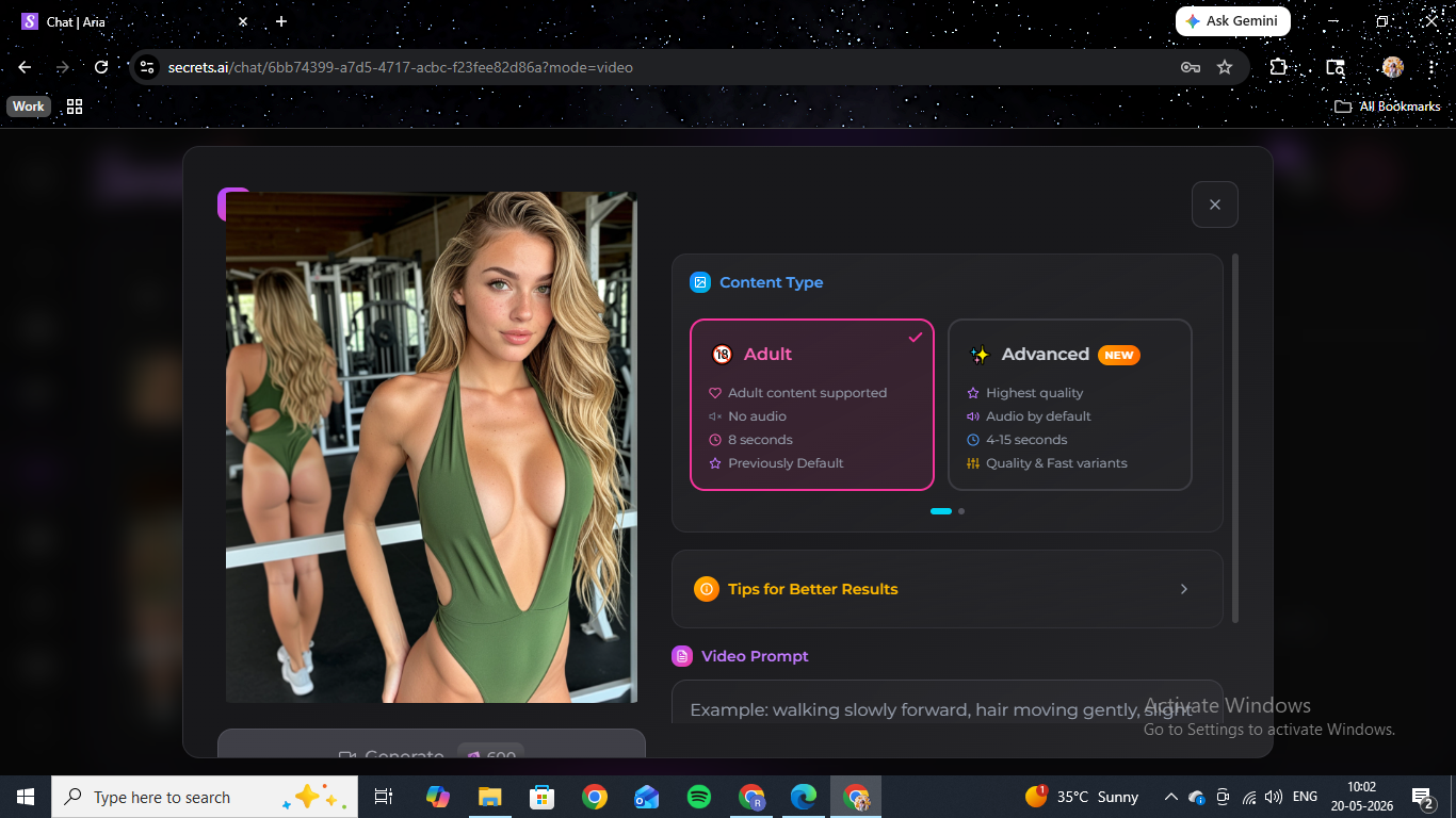 Secrets AI Generation Studio with Adult and Advanced content-type toggles and a Tips for Better Results panel showing prompt examples.