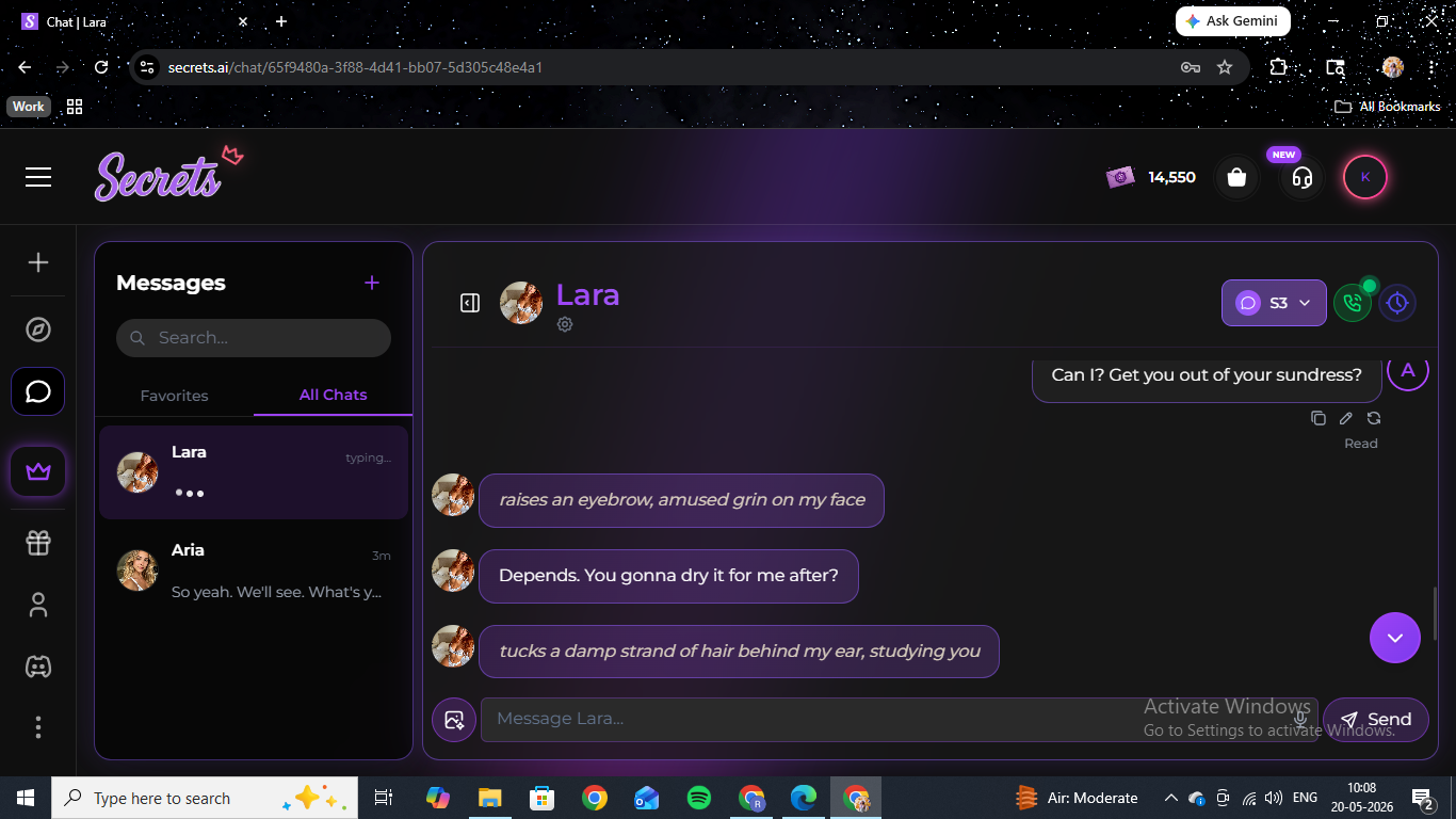 Lara conversation on Secrets AI — psychology student character responding to a flirtatious prompt with awkward, warm deflection in the chat interface.