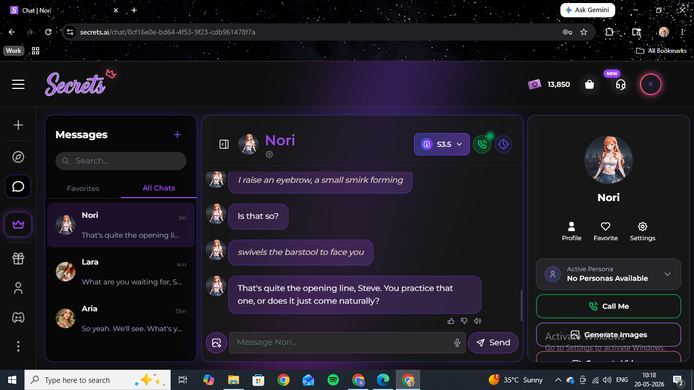 Nori conversation on Secrets AI — anime-style photography student holding her position in a bar scenario with the conditional response in the chat interface.