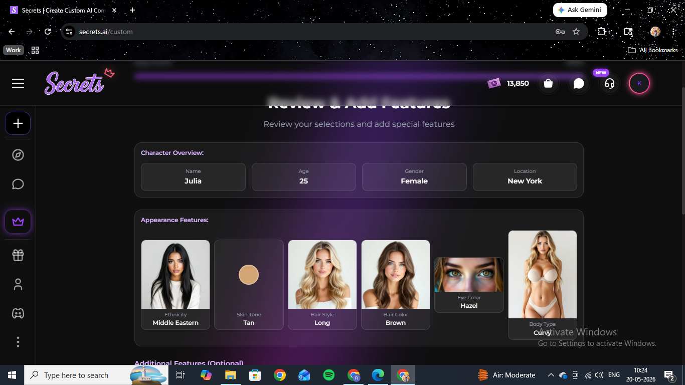 Secrets AI custom character builder Review & Add Features step — Julia overview at 25, Female, New York, with ethnicity, skin, hair, and body type swatches.