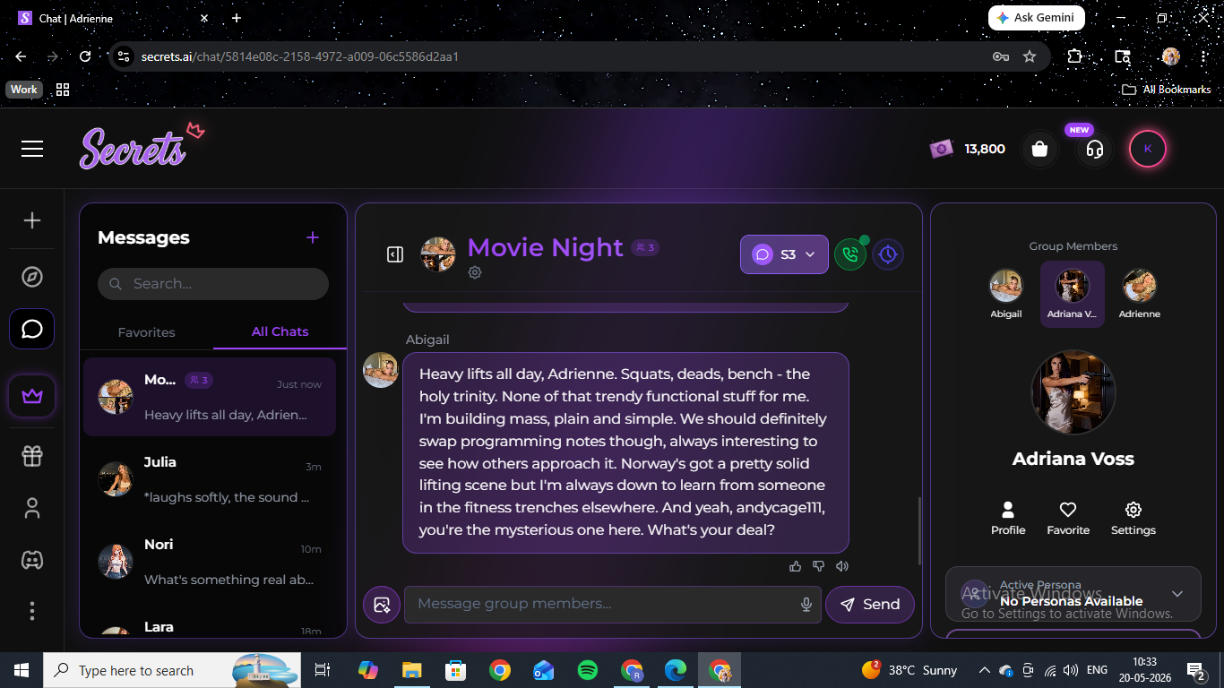 Secrets AI Movie Night Group Chat — Abigail mid-message about her day, with Adriana Voss and Adrienne in the participant sidebar.