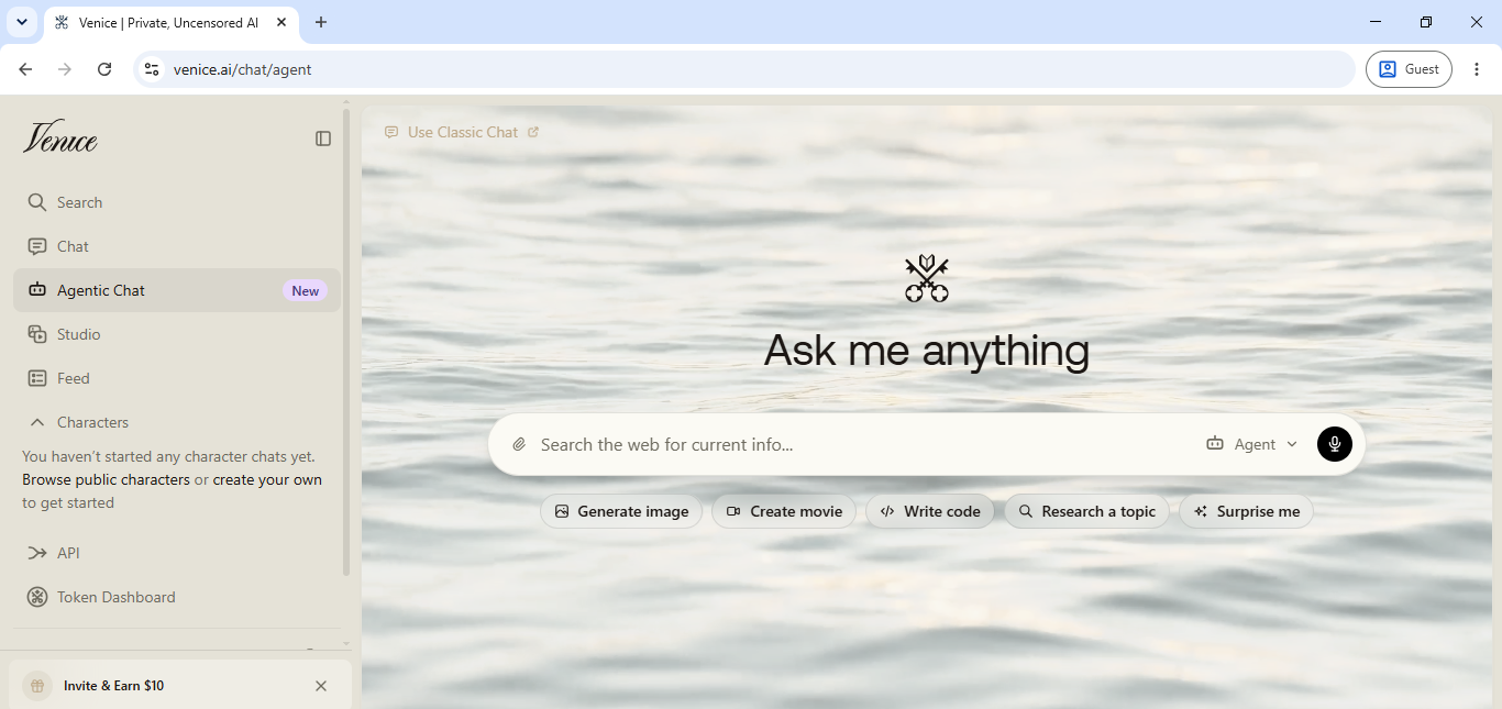 Venice AI's Agentic Chat mode, with buttons for generating an image, creating a movie, writing code, or researching a topic