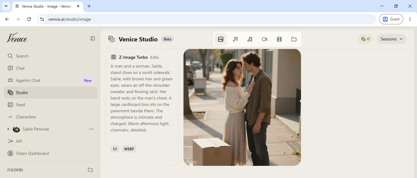 Venice Studio generating an image from the Sable Penrose scene prompt on the Z-Image Turbo model in eight seconds