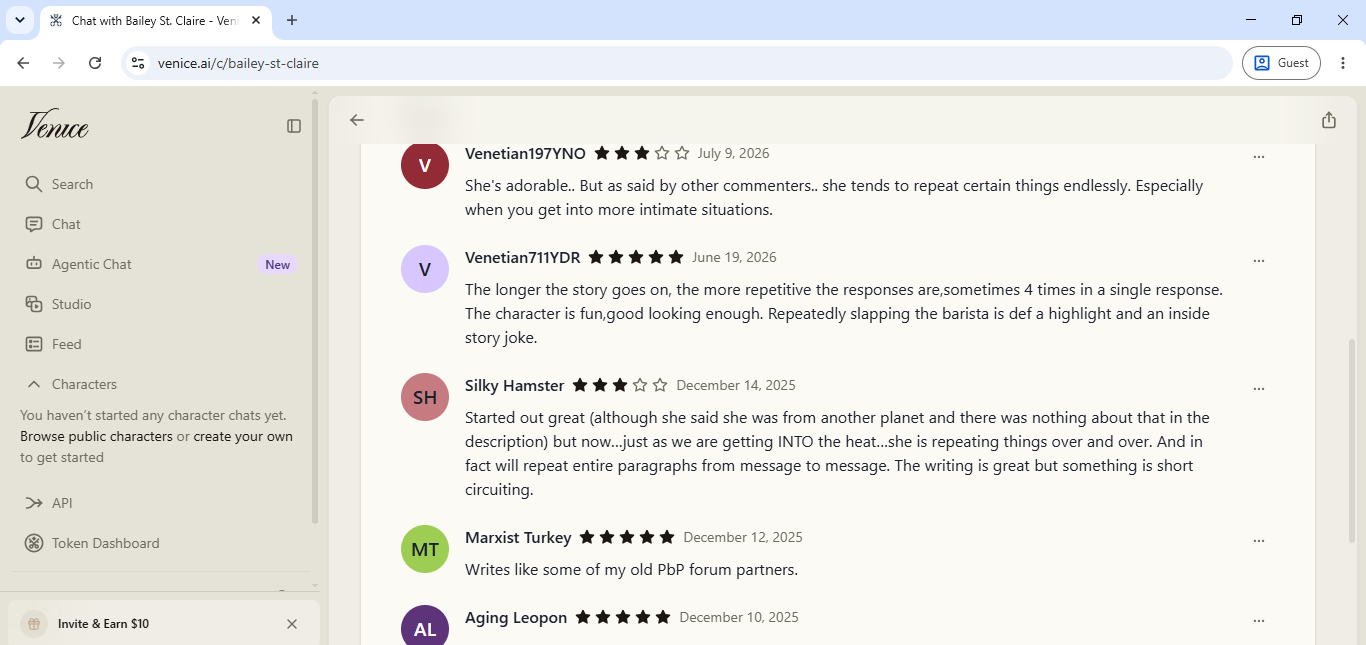 User reviews on a Venice AI character page, where three separate reviewers independently flag the same repetition problem months apart