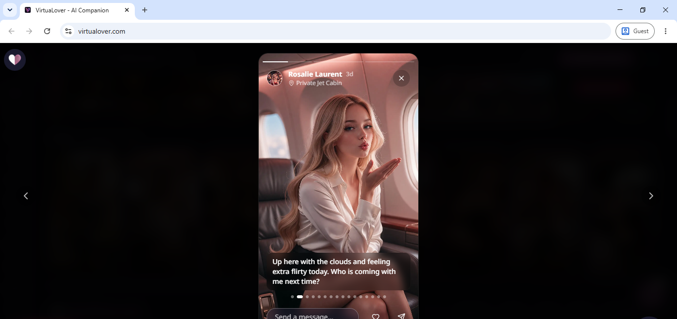 A Story on VirtuaLover from the character Rosalie Laurent, posted from a private jet cabin with a reply box underneath