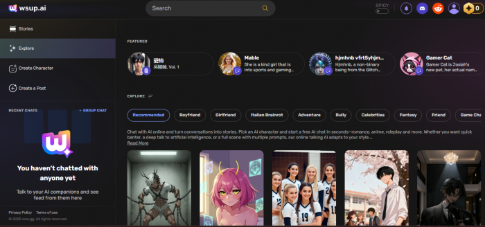 The Wsup AI Explore page — a user-generated character library across categories like Boyfriend, Girlfriend, Italian Brainrot, and Fantasy.