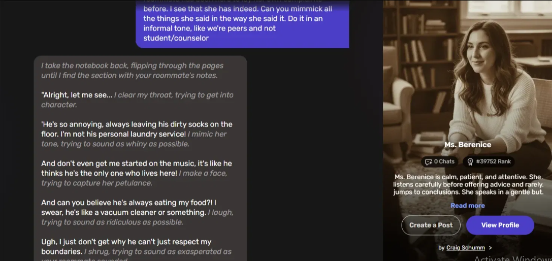 Ms. Berenice on Wsup AI mimicking a roommate's whiny tone, holding the new persona across several lines.