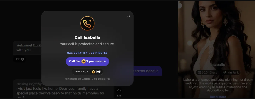 The voice-call modal on Wsup AI for the character Isabella, showing a per-minute credit cost and a 30-minute max duration.