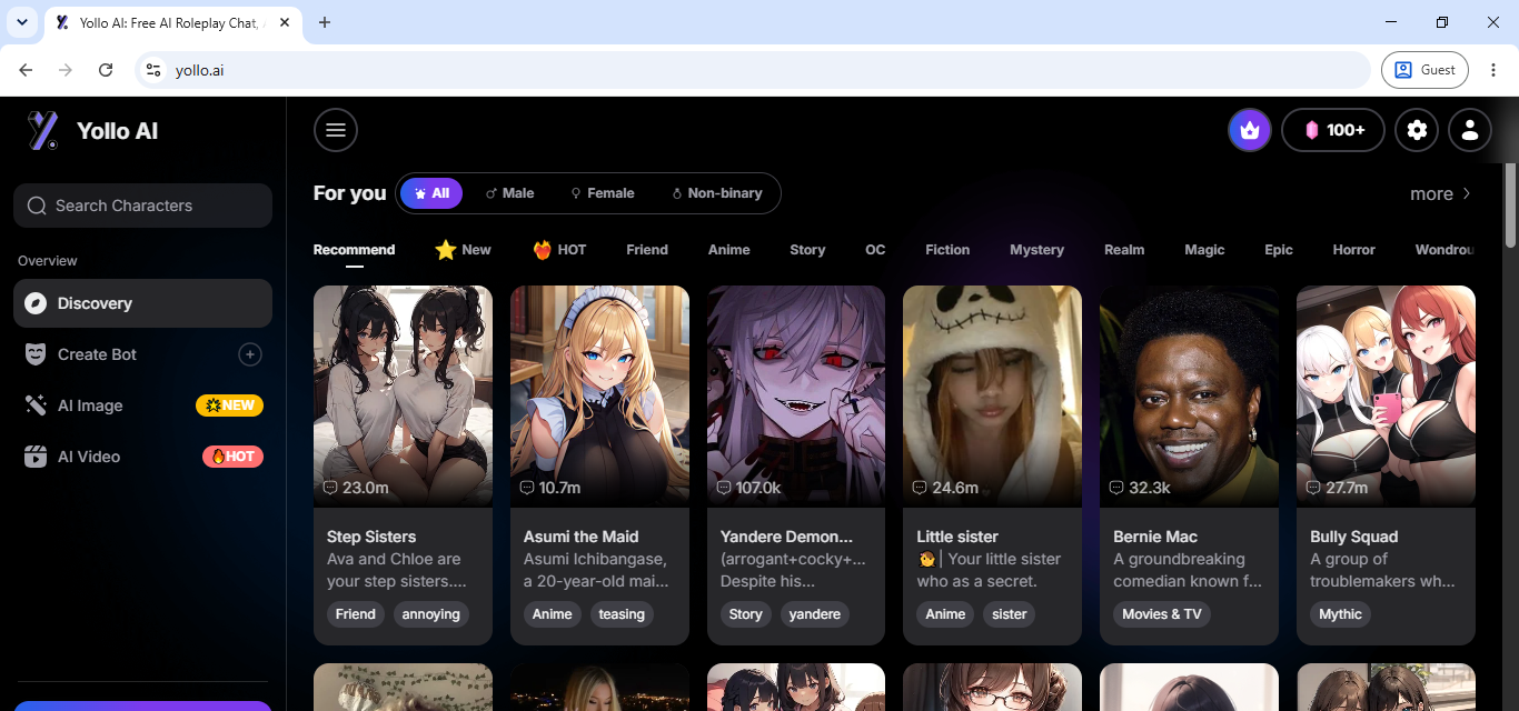 The Yollo AI discovery page, a grid of anime and realistic roleplay characters sorted by tags