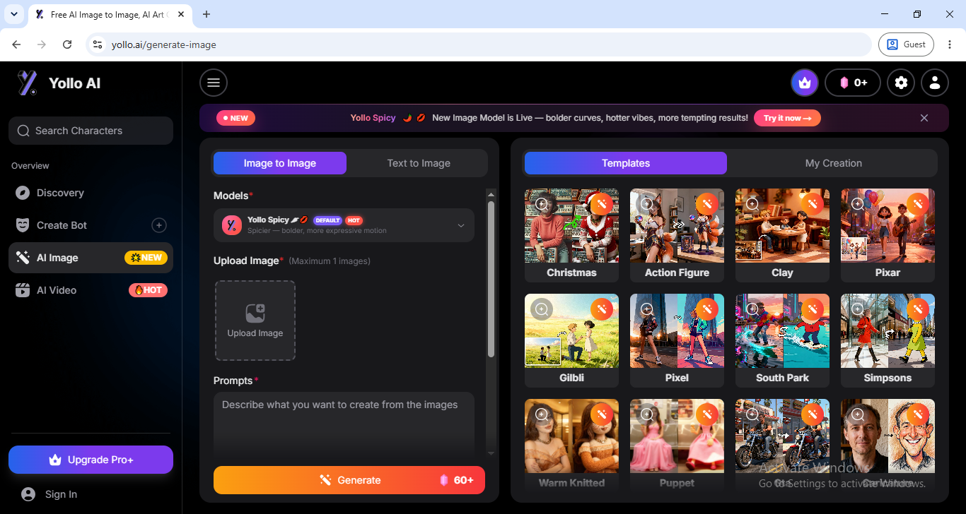 The Yollo AI image generator with Image to Image and Text to Image tabs and the Yollo Spicy model selected
