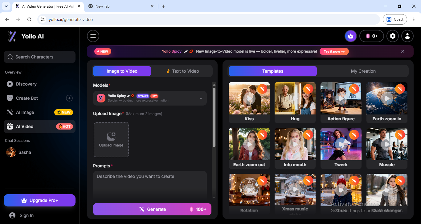 The Yollo AI video generator showing Image to Video and Text to Video tabs with kiss, hug and twerk motion templates