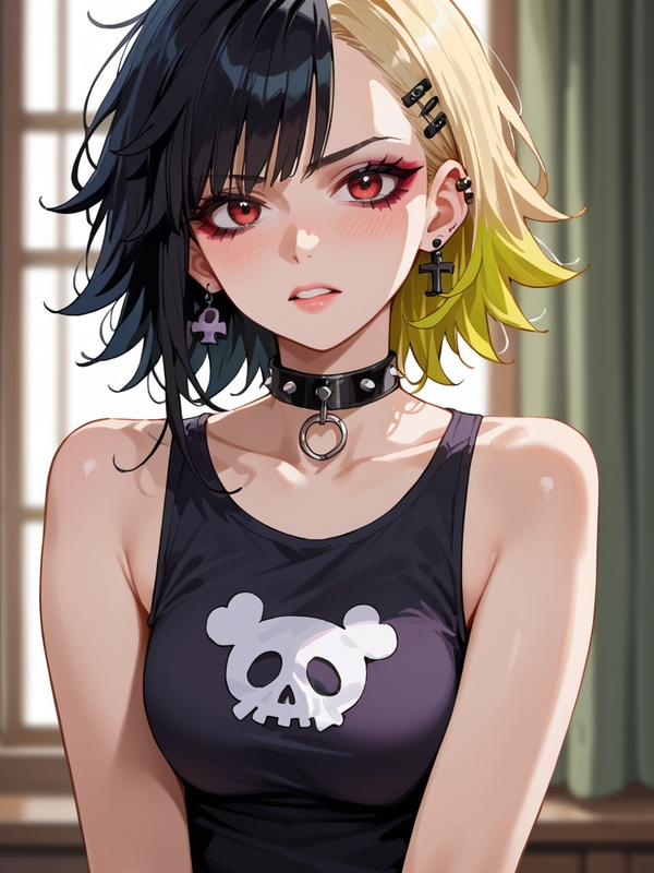 Anime AI girl — goth character in a skull tank top